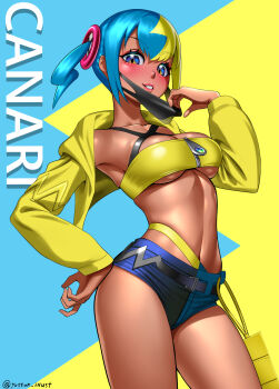 1girl absurdres aqua_background aqua_hair bandeau black_mask blonde_hair blue_eyes breasts canari_(pokemon) cleavage collarbone criss-cross_halter crop_top cropped_jacket curly_sidelocks dark-skinned_female dark_skin english_text fake_hair_bun halterneck highres jacket large_breasts mask mask_pull mega_ring mega_stone midriff mouth_mask multicolored_hair navel nintendo pokemon pokemon_legends:_z-a short_twintails shorts solo split-color_hair stomach twintails two-tone_background two-tone_hair two-tone_mask underboob yellow_background yellow_bandeau yellow_jacket yellow_mask yossan_illust zipper