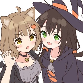 2girls :d ahoge animal_ears black_choker black_cloak black_hat blush bow breasts brown_hair cat_hair_ornament chestnut_mouth chiyo_(hanazora_satsuki) choker claw_pose cleavage cloak collarbone fang food-themed_hair_ornament green_eyes hair_bow hair_ornament halloween halloween_costume hanazora_satsuki hat highres hood hooded_cloak long_hair looking_at_viewer low_twintails medium_breasts medium_hair multiple_girls open_mouth orange_bow original pumpkin_hair_ornament rabbit_ears shiyuri_(hanazora_satsuki) skin_fang small_breasts smile twintails unfinished upper_body v-shaped_eyebrows witch_hat yellow_eyes