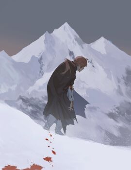 Rule 34 | 1boy, absurdres, ahoge, black cape, bleeding, blood, blood on arm, blood on clothes, blood on face, blood on ground, blood on hands, blood trail, cape, chaldea no mono, clear sky, commentary request, covered eyes, cowlick, dusk, fate/grand order, fate (series), floating clothes, grey pants, grey shirt, grey sky, high collar, highres, hunched over, injury, korean commentary, long hair, low ponytail, male focus, mountain, mountaintop, orange hair, pants, parted lips, ponytail, shirt, sky, snow, solo, sumssingbo, torn cape, torn clothes, walking, wind, winter