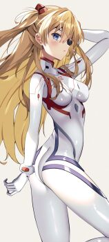 Rule 34 | 1girl, @shun, absurdres, ass, blue eyes, blush, bodysuit, breasts, brown hair, covered navel, evangelion: 3.0+1.0 thrice upon a time, expressionless, eyepatch, hands on another's shoulders, highres, interface headset (evangelion), long hair, looking at viewer, mecha pilot suit, medium breasts, neon genesis evangelion, plugsuit (evangelion), rebuild of evangelion, shiny clothes, skin tight, solo, souryuu asuka langley, thighs, twintails, white bodysuit, wide hips