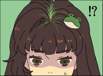 Rule 34 | !?, 1girl, alternate hair color, black border, border, brown eyes, brown hair, frog hair ornament, green background, hair focus, hair intakes, hair ornament, head only, jean (jean sp), kochiya sanae, mouth out of frame, multicolored hair, nose, roots (hair), simple background, solo, sweatdrop, touhou, worried