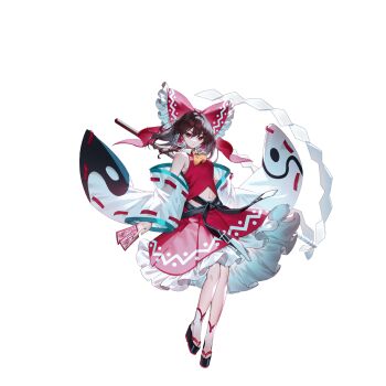 1girl ascot bare_shoulders between_fingers bow brown_hair closed_mouth detached_sleeves frilled_bow frilled_hair_tubes frilled_skirt frills full_body gohei hair_between_eyes hair_bow hair_tubes hakurei_reimu highres holding holding_gohei japanese_clothes long_hair looking_at_viewer midriff navel non-web_source official_art ofuda ofuda_between_fingers orb red_bow red_eyes red_skirt ribbon-trimmed_sleeves ribbon_trim sandals second-party_source sidelocks skirt socks solo touhou touhou_gensou_eclipse transparent_background u_u_zan white_sleeves white_socks wide_sleeves yellow_ascot yin_yang zouri