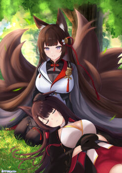 2girls absurdres akagi_(azur_lane) amagi_(azur_lane) amagi_(cv)_(azur_lane) animal_ears azur_lane black_gloves black_kimono blush breasts brown_hair cleavage crying day eyeshadow flower fox_ears fox_girl fox_tail full_body gloves hair_flower hair_ornament hairclip hairpin hands_on_own_stomach headpat highres japanese_clothes kimono kitsune lap_pillow large_breasts long_hair lying makeup multiple_girls multiple_tails on_back open_mouth outdoors paashe pleated_skirt purple_eyes red_eyeshadow red_skirt sakura_empire_(emblem) single_ear_down skirt sleeping smile tail very_long_hair white_flower