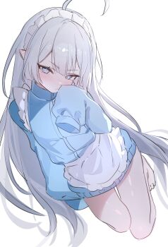 1girl absurdres ahoge alternate_costume apron bare_legs barefoot blue_eyes blue_jacket blush commentary ear_blush feet female_tyrant_(stella_sora) frilled_apron frills grey_hair highres huge_ahoge jacket legs long_hair maid_headdress pipoccon pointy_ears simple_background sketch solo stella_sora thigh_gap toes tyrant_(stella_sora) very_long_hair waist_apron white_apron white_background