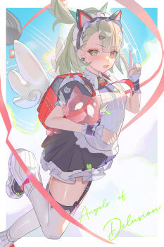 Rule 34 | 1girl, absurdres, animal ear hairband, animal ears, bell, black dress, black garter straps, blue background, cat ear hairband, cat ears, commentary request, dress, earrings, fake animal ears, floating hair, frilled dress, frills, garter straps, ghost hair ornament, green eyes, green hair, green nails, hair ornament, hairband, heart, heart earrings, heart hair ornament, highres, jewelry, maid, maid headdress, multiple hair clips, neck bell, official alternate costume, open mouth, ponytail, red bag, solo, sunna (afternoon tea break) (zenless zone zero), sunna (zenless zone zero), v, white wings, winged bag, wings, xiaojuan (user ezvt7287), zenless zone zero