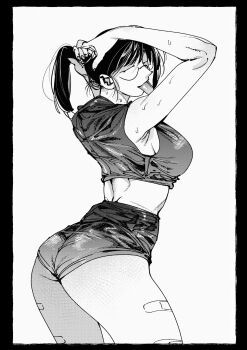 1girl :p adjusting_hair arms_behind_head arms_up ass bandaid_on_thigh black_border border crop_top from_behind greyscale hachinuki_tessei hand_in_own_hair hands_in_own_hair highres holding holding_own_hair jimiko jitome long_tongue looking_at_viewer looking_back micro_shorts midriff mob_face moire monochrome nape original ponytail round_eyewear she_(hachinuki_tetsuyo) shorts simple_background sleeveless solo sweat tank_top thighs tongue tongue_out tying_hair white_background
