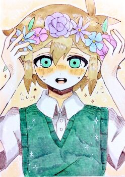 1boy antenna_hair basil_(faraway)_(omori) basil_(omori) blue_eyes collared_shirt commentary_request double-parted_bangs flower flower_wreath flying_sweatdrops geldslzcyf59548 green_sweater_vest hair_between_eyes head_wreath male_focus omori shirt short_hair short_sleeves sidelocks solo sweater_vest teeth upper_body upper_teeth_only white_shirt