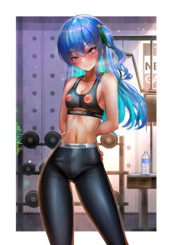 1girl absurdres armpits arms_behind_back blue_eyes blue_hair blush border bottle breasts breath character_name cleavage closed_mouth collarbone commentary earrings exercise_machine feet_out_of_frame green_ribbon grey_eyes gym hair_ornament hair_ribbon highres hololive hoshimachi_suisei indoors jagoo jewelry large_variant_set long_hair multicolored_hair nipple_cutout nipples official_alternate_hair_length official_alternate_hairstyle pants plant ribbon small_breasts sports_bra sportswear star_(symbol) star_hair_ornament star_in_eye stomach sweat symbol_in_eye two-tone_hair variant_set virtual_youtuber water_bottle weights white_border