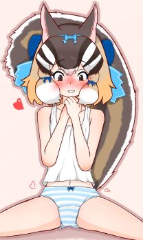 Rule 34 | 1girl, absurdres, animal ears, blue ribbon, blush, brown eyes, brown hair, chipmunk ears, chipmunk girl, chipmunk tail, extra ears, heart, highres, kemono friends, kemono friends v project, lionchan 3, looking at viewer, panties, pink background, ribbon, short hair, siberian chipmunk (kemono friends), simple background, solo, tail, tank top, underwear, virtual youtuber