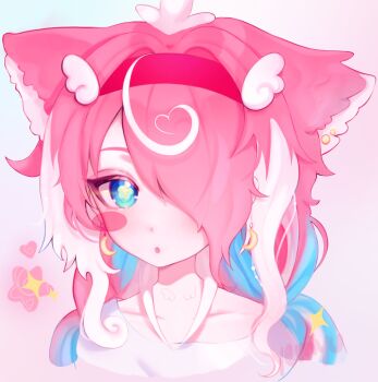 1girl :o animal_ears blue_eyes cloud_(lufaeris) colored_inner_hair commentary cropped_shoulders english_commentary hair_over_one_eye hairband highres long_hair looking_at_viewer multicolored_hair one_eye_covered open_mouth original parted_bangs pink_background pink_hair red_hairband shirt solo white_shirt