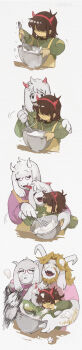 1girl 1other 2boys ^_^ absurdres androgynous animal_ears apron artist_name asgore_dreemurr beard black_eyes blonde_hair bowl child closed_eyes colored_skin corogarucoromo deltarune facial_hair fake_horns family fewer_digits furry furry_female furry_male glasses goat_boy goat_ears goat_girl goat_horns green_sweater hairband hand_on_another's_shoulder highres holding holding_whisk horn_hairband horns kris_(deltarune) long_image long_sleeves motion_blur motion_lines multiple_boys open_mouth pink_shirt purple-framed_eyewear ralsei red_hairband round_eyewear sequential shaded_face shirt signature simple_background smile stirring sweater tall_image toriel upper_body utdr_(toby_fox) whisk white_background yellow_apron yellow_skin