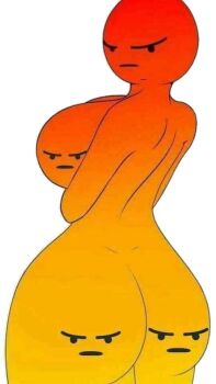 1girl anatomical_nonsense angry arm_under_breasts arms_under_breasts artist_request ass back backboob bald breasts breasts_out completely_nude emoji female_focus from_behind gradient_skin huge_ass large_breasts looking_at_viewer looking_back lowres meme no_nipples nude sideboob simple_background solo source_request thighs white_background