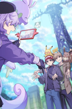 1girl 2boys 88_(einnimnech) baseball_cap beret black_gloves black_hair black_jacket black_pants black_shirt black_skirt blue_oak blue_pants blush brown_eyes brown_hair brown_jacket closed_eyes commentary_request double_v eevee fanny_pack gen_1_pokemon gen_4_pokemon gen_6_pokemon gloves goodra green_shirt grin hat highres holding holding_phone jacket multiple_boys nintendo on_head on_shoulder open_clothes open_jacket open_mouth original outdoors pants partially_fingerless_gloves phone pikachu pokemon pokemon_(creature) pokemon_legends:_z-a pokemon_on_head pokemon_on_shoulder purple_hair purple_sweater rotom rotom_phone shirt short_hair skirt slime_(substance) smile spiked_hair sweater tail taking_picture v