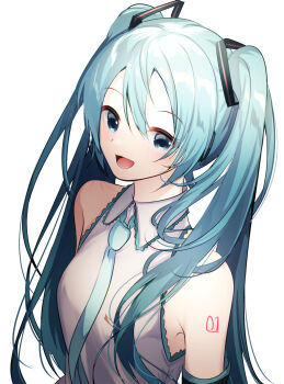 Rule 34 | 1girl, aqua eyes, aqua hair, aqua necktie, arm tattoo, breasts, collared shirt, commentary request, detached sleeves, hatsune miku, highres, long hair, looking at viewer, medium breasts, necktie, number tattoo, open mouth, rain (aaru), shirt, sleeveless, sleeveless shirt, smile, solo, tattoo, twintails, very long hair, vocaloid, white shirt