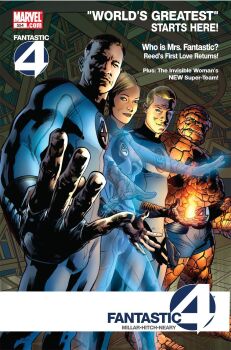 1girl 3boys ben_grimm black_gloves blonde_hair blue_bodysuit blue_eyes blue_shorts bodysuit brother_and_sister brown_hair bryan_hitch comic_cover company_name copyright_logo copyright_name cover cover_page english_text fantastic_four fingerless_gloves fire gloves highres human_torch husband_and_wife johnny_storm logo marvel meme multiple_boys muscular muscular_male official_art parted_lips paul_mounts pyrokinesis reed_richards rock_skin short_hair shorts siblings sue_storm superhero_costume topless_male western_comics_(style)