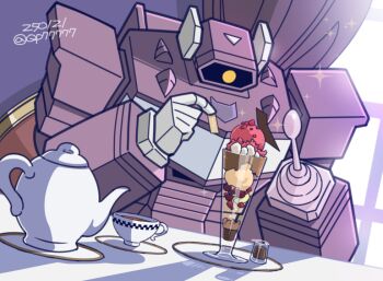 cup curtains dated food holding ice_cream looking_down mecha mecha_focus no_humans orange_eyes robot shockwave_(transformers) sitting solo sound-bluesky sparkle spoon tea teacup teapot transformers transformers:_generation_1 twitter_username