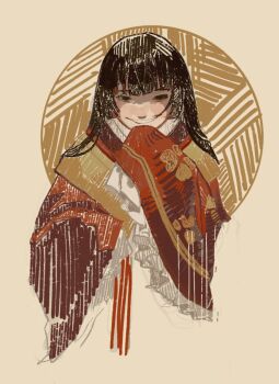Rule 34 | 1girl, black hair, blunt bangs, brown eyes, commentary, cropped torso, english commentary, evil grin, evil smile, floral print, frilled sleeves, frills, gift art, grey background, grin, hand on own chin, hatsburg, hime cut, houraisan kaguya, japanese clothes, kariginu, light blush, long hair, long sleeves, looking at viewer, moon, print shirt, realistic, red shirt, shaded face, shirt, sleeves past fingers, sleeves past wrists, smile, smug, solo, straight hair, touhou, wide sleeves