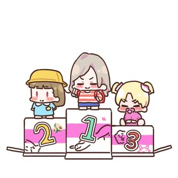3girls aged_down baby backpack bag blonde_hair blue_dress blunt_bangs box braid brown_hair cardboard_box ceras_yanagida_lilienfeld chibi chibi_only child closed_eyes commentary dress flower grey_hair hair_flower hair_ornament hand_on_own_hip hat kachimachi_kosuzu kindergarten_uniform link!_like!_love_live! long_hair long_sleeves love_live! multiple_girls osawa_rurino osawa_rurino&#039;s_cardboard_box pacifier parted_bangs pink_eyes pink_flower randoseru red_bag red_shirt school_hat shirt short_hair short_twintails side_braids simple_background sitting standing striped_clothes striped_shirt sunkeun twintails v-shaped_eyebrows virtual_youtuber white_background winner&#039;s_platform yellow_hat |_|