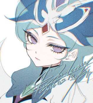 Rule 34 | 1girl, aqua hair, beta (inazuma eleven), bodysuit, chromatic aberration, dated, double bun, eyelashes, hair bun, headpiece, inazuma eleven (series), inazuma eleven go, inazuma eleven go chrono stone, kokuu no megami athena (armed), long hair, looking at viewer, lu lamup, no pupils, protocol omega, purple eyes, signature, solo, white background, white bodysuit