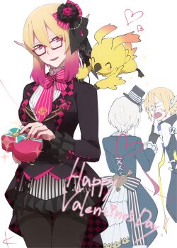 Rule 34 | 1boy, 2girls, afin, back bow, bird, black dress, black gloves, black jacket, black skirt, blonde hair, bow, bowtie, commentary request, cowboy shot, creature, dress, euclita (pso2), fascinator, frilled sleeves, frills, gift, glasses, gloves, gradient hair, hair between eyes, happy valentine, hat, heart, holding, holding gift, jacket, kanade (unchi knd280), long pointy ears, long sleeves, mini hat, mini top hat, multicolored hair, multiple girls, newman, open clothes, open jacket, original, pantyhose, phantasy star, phantasy star online 2, pink-framed eyewear, pink bow, pink bowtie, pink hair, pointy ears, rappy, red eyes, shirt, short hair, sidelocks, skirt, striped bow, striped bowtie, striped clothes, top hat, two-tone hair, valentine, white background, white hair, white shirt
