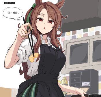 1girl animal_ears apron bandaid bandaid_on_finger bandaid_on_hand black_apron black_skirt bow brown_eyes brown_hair chopsticks collared_shirt commentary_request food formicid frying_pan green_bow hair_bow holding holding_chopsticks holding_frying_pan horse_ears horse_girl king_halo_(umamusume) kitchen_hood korean_commentary korean_text looking_at_viewer omelet one_side_up open_mouth shirt skirt sleeves_rolled_up solo sweat tamagoyaki umamusume white_shirt