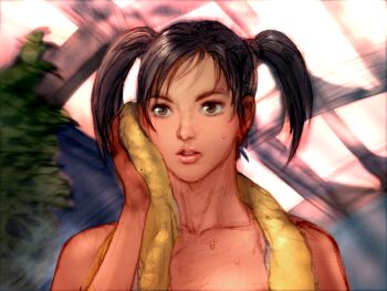 1girl black_hair close-up drying game_cg holding holding_towel kawano_takuji ling_xiaoyu official_art parted_lips short_twintails sideways_glance small_sweatdrop solo sweat teeth tekken tekken_4 towel towel_around_neck twintails upper_body upper_teeth_only