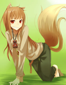 1girl absurdres all_fours animal_ears barefoot blush brown_hair fang female_focus genko_(pixiv5177622) green_background grin highres holo long_hair looking_at_viewer pants red_eyes reference_work smile solo spice_and_wolf tail wolf_ears wolf_tail