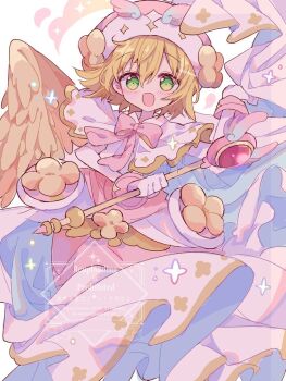 1girl :d amitie_(puyopuyo) blonde_hair blush bow bowtie capelet commentary_request dress feathered_wings futaba969649 green_eyes hair_between_eyes hat holding holding_wand open_mouth pink_bow pink_bowtie pink_dress pink_hat puyopuyo short_hair smile solo wand watermark white_background white_capelet wings yellow_wings