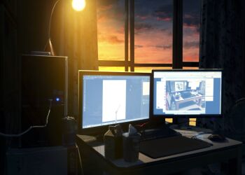 bad_id bad_pixiv_id computer computer_keyboard computer_tower curtains desk desk_lamp drawing_tablet dusk izumi_sai lamp microsoft_windows monitor no_humans original room scenery sky twilight wacom window windows_7
