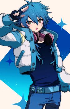 Rule 34 | 1boy, absurdres, arm up, belt, blue belt, blue hair, blue pants, blue shirt, blue trim, brown eyes, contrapposto, crew neck, cropped jacket, denim, double-parted bangs, down jacket, dramatical murder, fingerless gloves, gloves, hair between eyes, hashtag-only commentary, headphones, headphones around neck, highres, jacket, jeans, long sleeves, looking to the side, male focus, open mouth, pants, robinthebird007, salute, seragaki aoba, shirt, solo, sparkle, studded belt, two-finger salute, white jacket