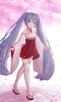 1girl absurdres blue_eyes blue_hair breasts cherry_blossoms commentary detached_sleeves hatsune_miku highres japanese_clothes long_hair miko mikoo_o39 miku_day petals ribbon-trimmed_thighhighs ribbon_trim sideboob smile thighhighs twintails vocaloid white_thighhighs wide_sleeves