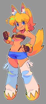 1girl animal_ears aqua_shorts bacun bare_shoulders belt_bra blonde_hair blue_eyes boots bracelet breasts commentary dark-skinned_female dark_skin denim denim_shorts english_commentary extra_ears facial_mark fang fingerless_gloves gloves grey_background hand_on_own_hip highres liru looking_at_viewer medium_breasts navel notice_lines o-ring o-ring_top ponytail renkin_san-kyuu_magical_pokaan revision shorts sidelocks smile solo studded_bracelet tail thigh_boots thighhighs whisker_markings wolf_ears wolf_girl wolf_tail zettai_ryouiki