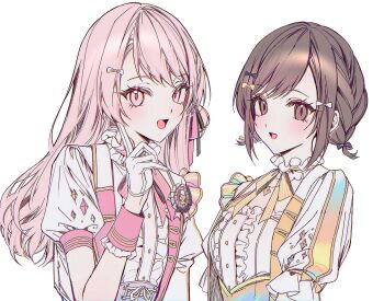 2girls :d akiyama_mizuki asymmetrical_sleeves badge black_bow blush bow bowtie braid breasts brown_eyes brown_hair center_frills choker colored_lapels corset eyelashes frilled_choker frills gloves gradient_clothes hair_bow hair_ornament hand_up hashtag-only_commentary high-ended_braid highres index_finger_raised jacket juliet_sleeves kitt_yii lapels long_hair long_sleeves looking_at_viewer low_twintails multiple_girls official_alternate_costume official_alternate_hairstyle open_clothes open_jacket open_mouth pink_corset pink_eyes pink_hair pink_wrist_cuffs project_sekai puffy_short_sleeves puffy_sleeves purple_corset shinonome_ena shirt short_hair short_sleeves sidelocks simple_background small_breasts smile straight_hair swept_bangs twintails underbust uneven_sleeves upper_body white_background white_bow white_choker white_gloves white_jacket white_shirt wrist_cuffs yellow_bow yellow_bowtie