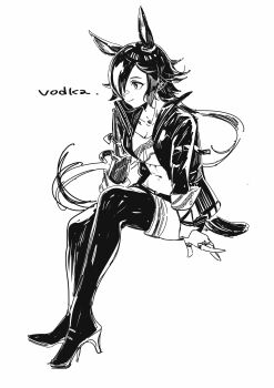 1girl animal_ears boots commentary eyepatch greyscale high_heel_boots high_heels highres horse_ears horse_girl jacket low_ponytail monochrome ohayonabeno open_clothes open_jacket ponytail sitting smile solo striped_hair symbol-only_commentary umamusume vodka_(umamusume)