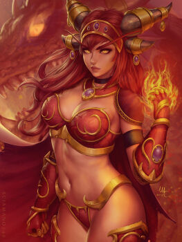 1girl 2018 alexstrasza arm_strap armor artist_name bikini bikini_armor black_choker breasts cape choker cleavage clenched_hand closed_mouth commentary cowboy_shot detached_collar dragon dragon_horns english_commentary expressionless fantasy fire floating_hair gauntlets gem hand_up headgear highres horns lips long_eyebrows long_hair looking_at_viewer medium_breasts monster navel nose pyrokinesis red_armor red_bikini red_cape red_hair red_theme sciamano240 sidelocks signature standing stomach swimsuit teeth warcraft wind world_of_warcraft yellow_eyes