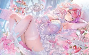 1girl absurdres arm_behind_head armpits artist_name blue_eyes blush bottle bow breasts character_request cleavage commentary commission cup dress elbow_gloves english_commentary feet_out_of_frame flower food fruit gloves hair_between_eyes heterochromia highres indie_virtual_youtuber indoors isari_sensei large_breasts looking_at_viewer macaron medium_hair multi-source_commentary multicolored_hair parted_lips perfume_bottle pink_bow pink_eyes pink_flower pink_hair purple_hair signature sitting solo strapless strapless_dress strawberry teacup teapot thighhighs tiered_tray virtual_youtuber white_gloves white_thighhighs