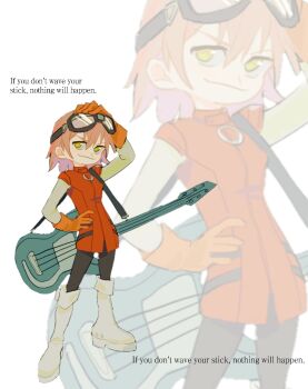 Rule 34 | 1girl, bass guitar, black pants, boots, breasts, closed mouth, commentary, english commentary, flcl, full body, gloves, goggles, goggles on head, grey boots, hair between eyes, hand on own head, hand on own hip, haruhara haruko, instrument, medium breasts, medium hair, orange gloves, pants, pink hair, red shirt, shirt, short sleeves, smile, smirk, solo, standing, thigh boots, yellow eyes, yiguan li