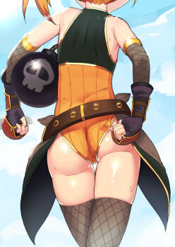 1girl adjusting_clothes adjusting_leotard argyle_clothes argyle_thighhighs ass bare_shoulders belt black_gloves blue_sky bomb brass_knuckles brown_thighhighs commentary_request day elbow_gloves explosive female_focus fingerless_gloves from_behind glint gloves head_out_of_frame leonat leotard misogi_(princess_connect!) mixed-language_commentary orange_hair orange_leotard outdoors princess_connect! short_hair sky solo sweat thigh_gap thighhighs weapon wrist_guards