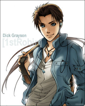 1boy backpack bag batman_(series) blue_eyes character_name dc_comics dick_grayson eguana headphones jacket jewelry long_hair male_focus necklace simple_background solo