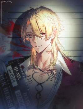 1boy black-framed_eyewear blonde_hair blood blood_on_face body_markings collarbone commentary english_commentary glasses hair_between_eyes highres holding jacket long_hair looking_at_viewer luuk_herssen_(wuthering_waves) male_focus nai_pizx object_request parted_lips red_eyes red_jacket semi-rimless_eyewear smile solo under-rim_eyewear upper_body wuthering_waves