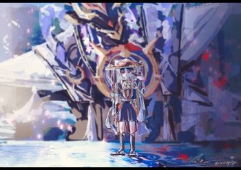 1boy arm_at_side arm_up armor black_eyes black_hair black_kimono black_shorts black_sleeves blush bridal_legwear eyeliner eyeshadow full_body furisode genshin_impact glint gold gold_trim grey_sleeves grey_veil hand_on_own_cheek hand_on_own_face hat highres innagaja japanese_armor japanese_clothes jewelry jingasa juban kimono kote kurokote layered_sleeves looking_down makeup male_focus mecha mitsudomoe_(shape) neck_ring o-ring painterly parted_bangs purple_rope purple_sash red_eyeliner red_eyeshadow red_hat red_kimono red_sash ripples robot rope rubbing_eyes sash scaramouche_(genshin_impact) scaramouche_(shouki_no_kami)_(genshin_impact) shimenawa short_sleeves shorts signature standing stirrup_legwear tears toeless_legwear tomoe_(symbol) twitter_username veil white_kimono white_rope