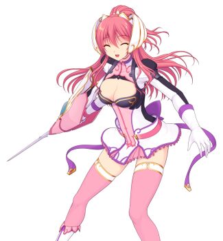1girl :d ^_^ boots breasts cleavage cleavage_cutout closed_eyes clothing_cutout dress en_ciel_rena en_ciel_rena_(sin) game_cg gloves hair_ornament holding kourin_tenshi_en_ciel_rena lance large_breasts large_variant_set long_hair non-web_source official_art open_mouth pink_hair pink_thighhighs polearm ponytail red_hair saitou_natsuki short_dress skirt smile solo suhamaya thighhighs tomoe_rena transparent_background variant_set weapon white_gloves zettai_ryouiki