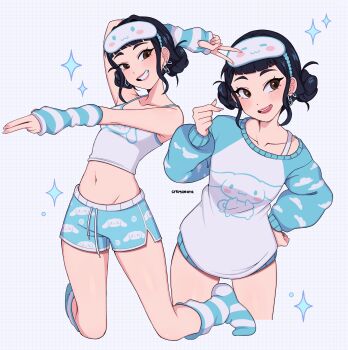 1girl absurdres animal_print artist_name black_hair blue_shorts blush brown_eyes collarbone cremanata crop_top double_bun earrings hair_bun hand_on_own_hip highres jewelry kneeling kpop_demon_hunters looking_at_viewer mask mask_on_head midriff multiple_views navel open_mouth short_shorts shorts sleep_mask smile socks sparkle striped_clothes striped_socks sweater tank_top v white_tank_top zoey_(kpop_demon_hunters)