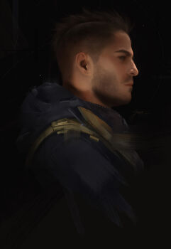 1boy black_background blue_hoodie brown_eyes brown_hair call_of_duty call_of_duty:_modern_warfare_2 closed_mouth commentary facial_hair highres hood hood_down hoodie jeleynai looking_ahead male_focus mohawk profile short_hair shoulder_strap soap_(modern_warfare_2) solo symbol-only_commentary upper_body