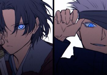 1boy 1girl ant_(wip_0011) black_hair black_jacket blindfold blindfold_lift blue_eyes closed_mouth eyelashes gojou_satoru hair_between_eyes hand_up high_collar holding holding_knife jacket jujutsu_kaisen kara_no_kyoukai knife long_sleeves looking_at_viewer one_eye_covered parted_lips portrait red_jacket ryougi_shiki simple_background smile split_screen white_background white_hair