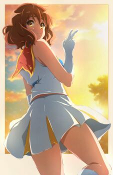 1girl anime_coloring band_uniform bare_shoulders border brown_eyes brown_hair closed_mouth commentary elbow_gloves english_commentary feet_out_of_frame from_behind from_below gloves hand_up hibike!_euphonium highres looking_at_viewer mixed-language_commentary official_alternate_costume oumae_kumiko outdoors outside_border shirt short_hair skirt sleeveless sleeveless_shirt smile solo sunset thighs usagihop v wavy_hair white_border white_gloves white_skirt