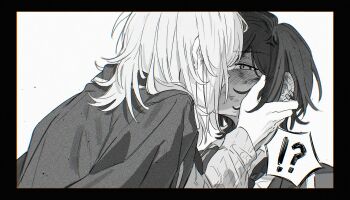 !? 2girls anger_vein black_border blood blood_on_face blush border collared_shirt ear_piercing faust_(project_moon) flustered furrowed_brow greyscale hand_on_another&#039;s_cheek hand_on_another&#039;s_face hashtag-only_commentary highres jacket kiss limbus_company looking_at_another medium_hair monochrome multiple_girls outis_(project_moon) piercing portrait project_moon shirt short_hair simple_background speech_bubble spoken_interrobang sweat uzr_akira white_background yuri