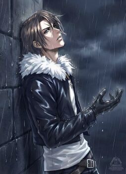 1boy absurdres arm_up belt belt_buckle black_gloves black_jacket blue_eyes brown_belt brown_hair buckle cloud cloudy_sky commentary cowboy_shot english_commentary final_fantasy final_fantasy_viii fur-trimmed_jacket fur_trim gloves highres jacket leather leather_jacket locke_otaku long_sleeves looking_at_viewer male_focus open_clothes open_jacket parted_hair parted_lips rain shirt sky solo squall_leonhart standing unzipped watermark wet wet_clothes wet_hair white_fur white_shirt zipper