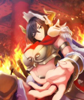 Rule 34 | 1girl, animal skull, architecture, armor, bikini armor, black hair, blue cape, breasts, cape, cleavage, closed mouth, cosplay, east asian architecture, eyes visible through hair, fiery background, fingernails, fire, from below, fur-trimmed cape, fur trim, game cg, hair over one eye, horns, indoors, journey to the west, katana, large breasts, looking at viewer, midriff, multiple swords, niu mo wang, niu mo wang (cosplay), official art, origami yukari, outstretched hand, pillar, reaching, reaching towards viewer, red eyes, skull on head, solo, sword, third-party source, toji no miko, toji no miko: kizamishi issen no tomoshibi, uneven footing, vambraces, weapon