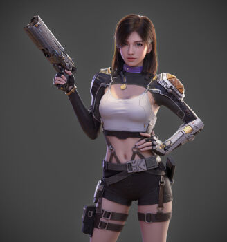 1girl 3d black_hair black_skirt breasts brown_hair choker closed_mouth crop_top elbow_pads fingerless_gloves gloves grey_background gun handgun highres holding holding_gun holding_weapon jewelry jiangyi looking_at_viewer materia necklace shirt simple_background single_elbow_pad skirt solo suspender_skirt suspenders suspenders_gap tank_top taut_clothes taut_shirt weapon white_tank_top